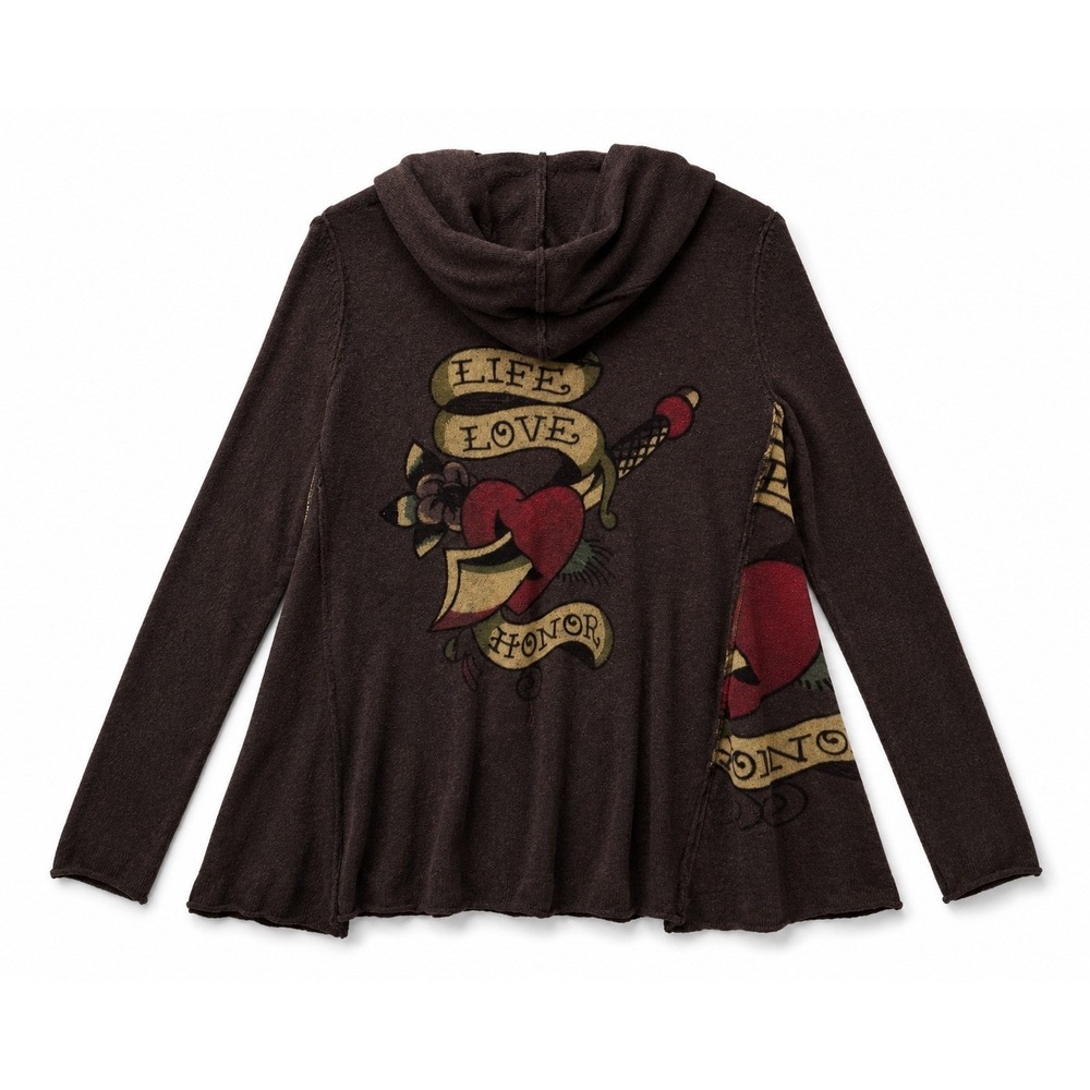 Ed Hardy Christian Audigier Brown Tattoo Graphic Hooded Cardigan XL EHW767